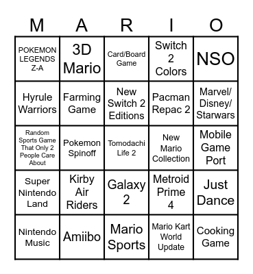 NINTENDO DIRECT 9.12.2025 Bingo Card