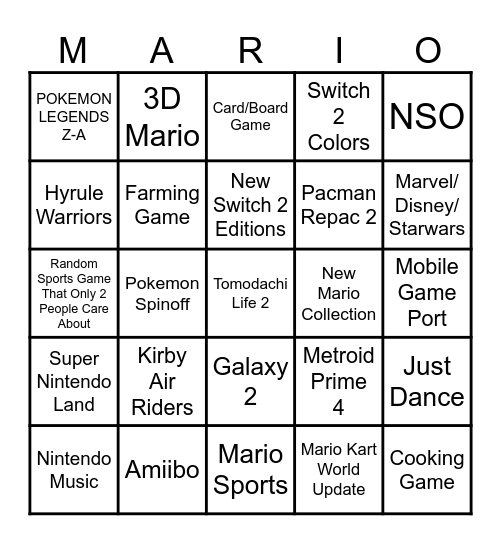 NINTENDO DIRECT 9.12.2025 Bingo Card