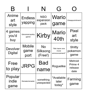 Nintendo Direct September 2025 Bingo Card