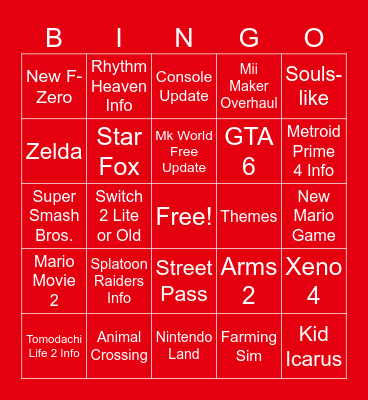 Nintendo Direct Bingo Card
