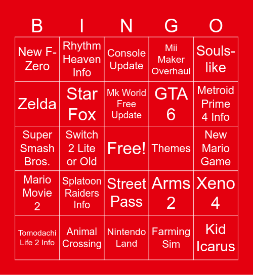 Nintendo Direct Bingo Card