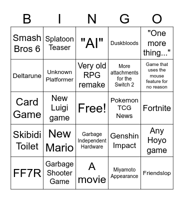 Nintendo Direct 2026 Bingo Card