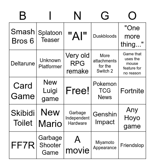 Nintendo Direct 2026 Bingo Card
