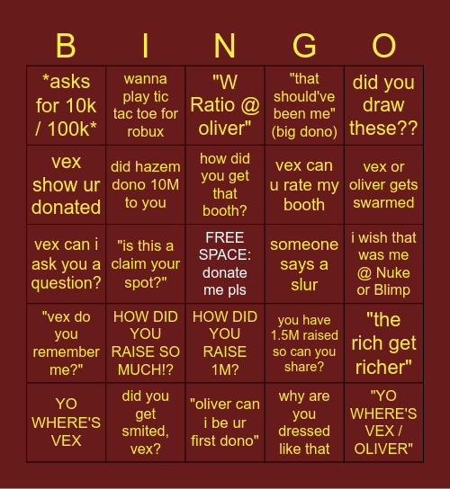 Vex's Pls Donate Bingo Card