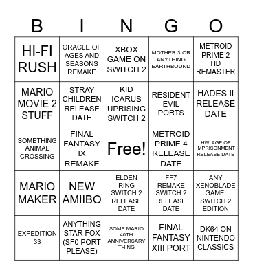 NINTENDO DIRECT BINGO - 09/12/2025 Bingo Card
