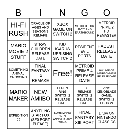 NINTENDO DIRECT BINGO - 09/12/2025 Bingo Card