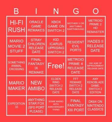 NINTENDO DIRECT BINGO - 09/12/2025 Bingo Card