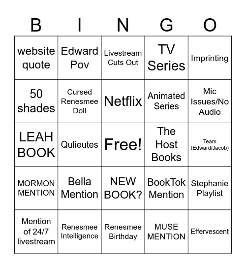 Forks Livestream Bingo Card