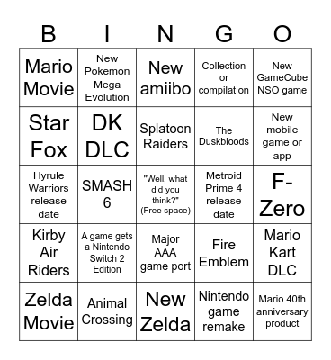 Nintendo Direct 9/12 Bingo Card