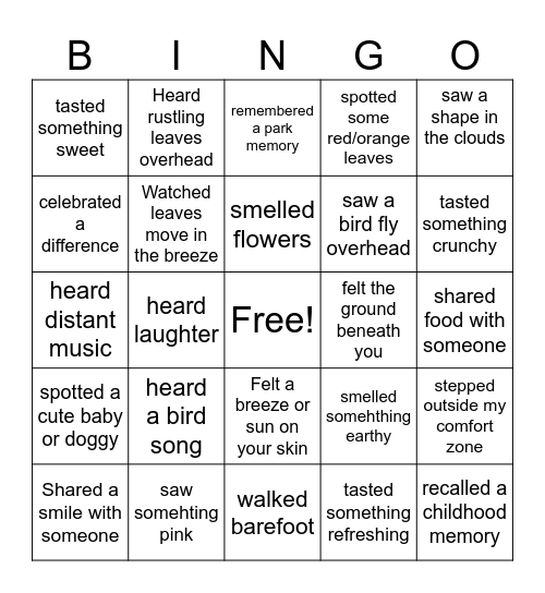 Recharge in the Park Bingo Card