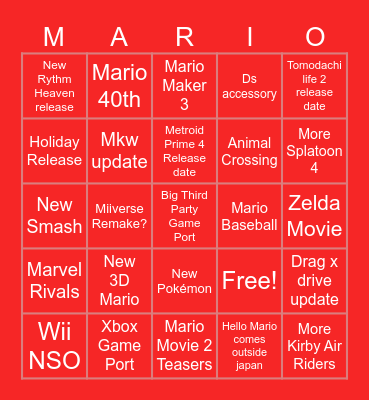 Nintendo Direct 9-12-25 Bingo Card