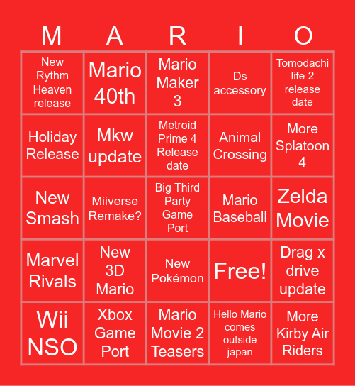 Nintendo Direct 9-12-25 Bingo Card