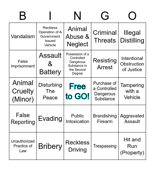 Misdemeanor Bingo Card