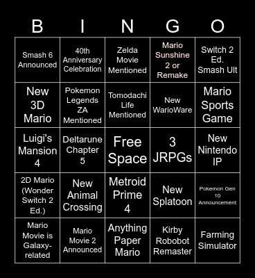 Nintendo Direct Eve 9/11 Bingo Card