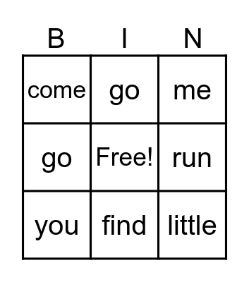 Basic Sight Words Bingo Card