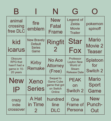 Nintendo Direct 9/12 Bingo Card