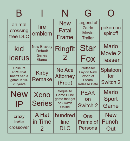 Nintendo Direct 9/12 Bingo Card