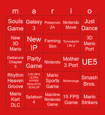 September 2025 Nintendo Direct Bingo Card