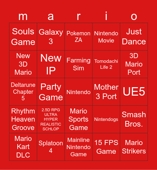 September 2025 Nintendo Direct Bingo Card