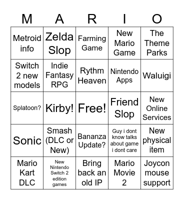September 12th Nintendo Direct Bingo Card