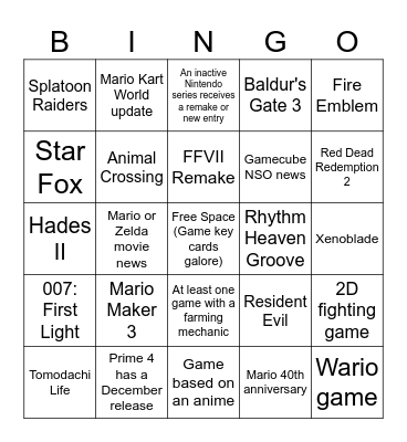 Nintendo Direct Sept. 2025 Bingo Card