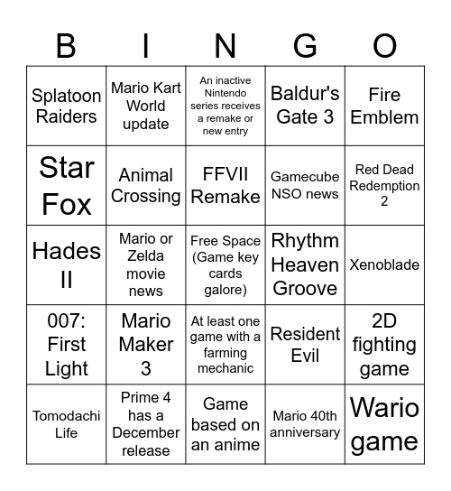 Nintendo Direct Sept. 2025 Bingo Card