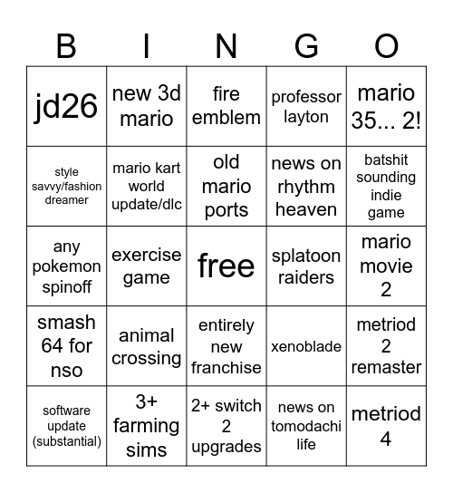 nintendo direct Bingo Card