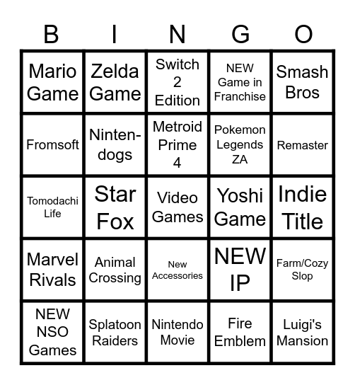 9.12 Nintendo Direct Bingo Card