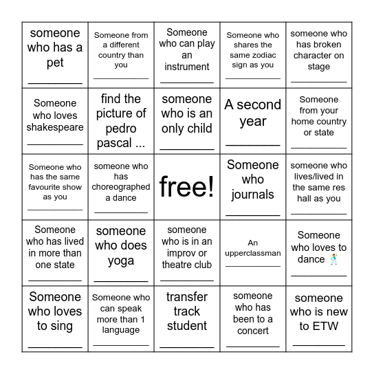 ETW BINGO !!!!!! Meet these people and write their names to win Bingo Card