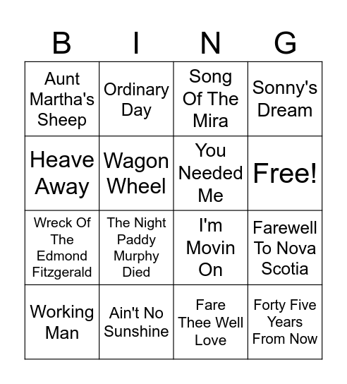 East Coast Bingo Card