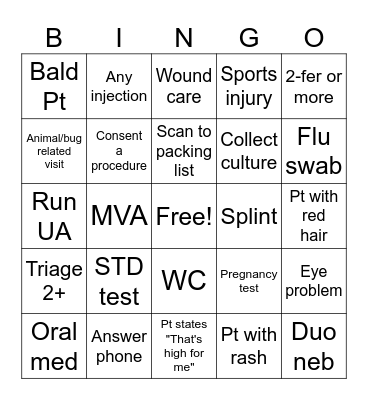 Camas Urgent Care Bingo Card