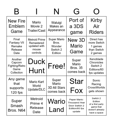 Nintendo Direct September 12, 2015 Bingo Card