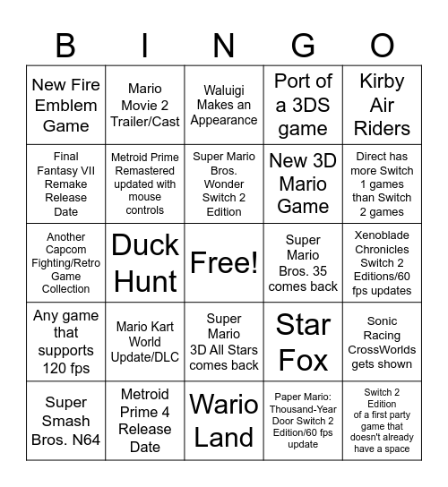 Nintendo Direct September 12, 2015 Bingo Card