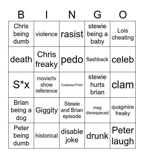 Family Guy Bingo Card