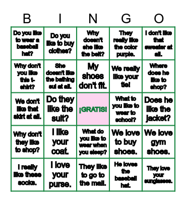 Me gusta la ropa Bingo Card