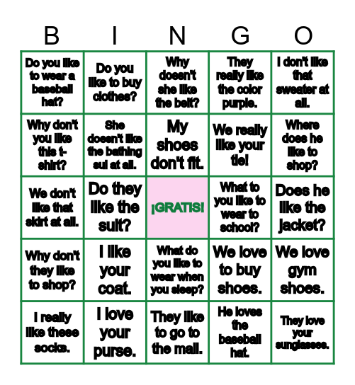 Me gusta la ropa Bingo Card