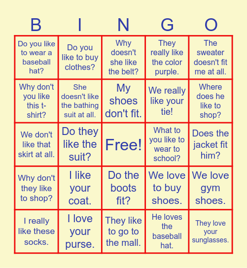 La ropa y gustar/encantar/quedar Bingo Card