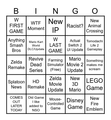 9.12.2025 Nintendo Direct Bingo Card