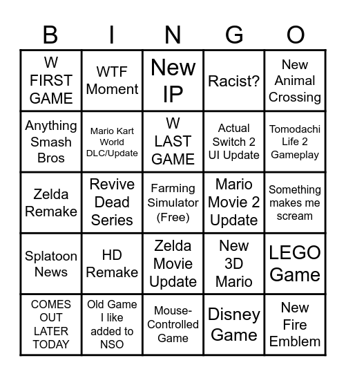 9.12.2025 Nintendo Direct Bingo Card