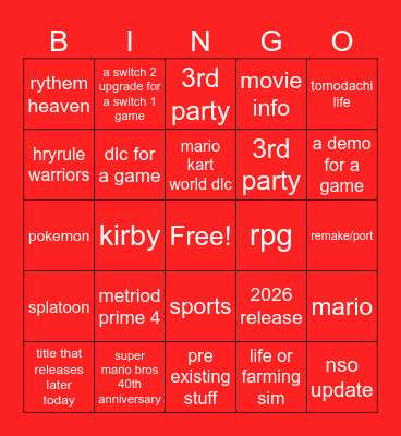 nintendo direct 9.12.2025 Bingo Card