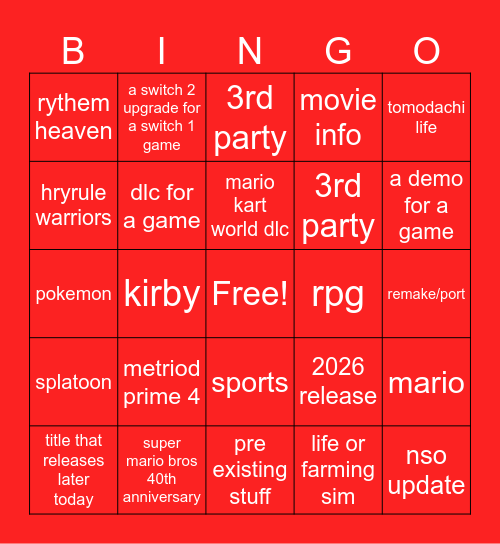 nintendo direct 9.12.2025 Bingo Card