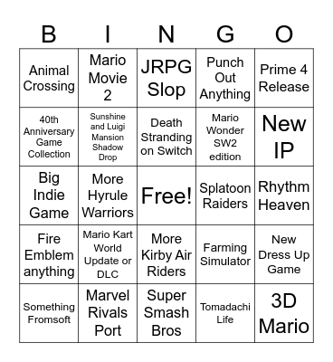Nintendo Direct Bingo Card