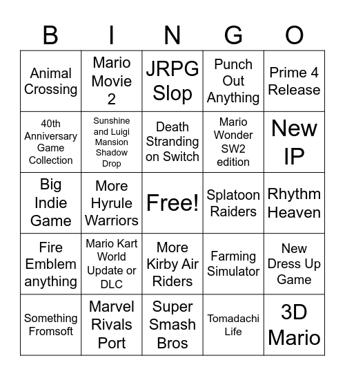 Nintendo Direct Bingo Card
