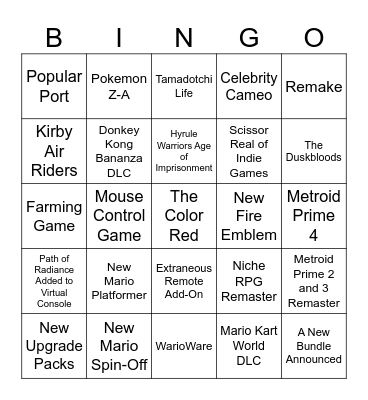 Nintendo Direct 9/12/2025 Bingo Card