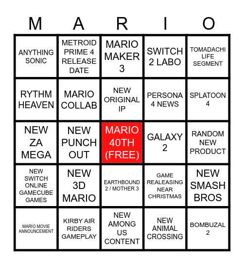 NINTENDO DIRECT BINGO 9/12 Bingo Card