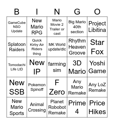 9/12 Nintendo Direct Bingo Card