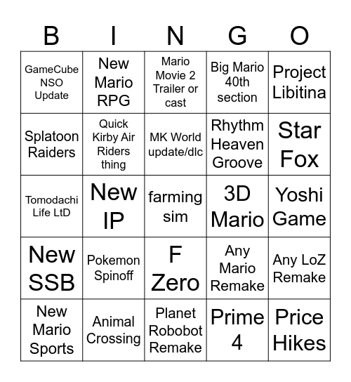 9/12 Nintendo Direct Bingo Card