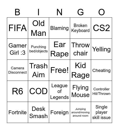 Gamer Rage Bingo Card