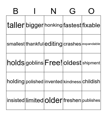 Suffix Bingo Card