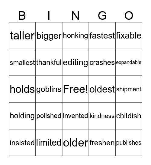 Suffix Bingo Card